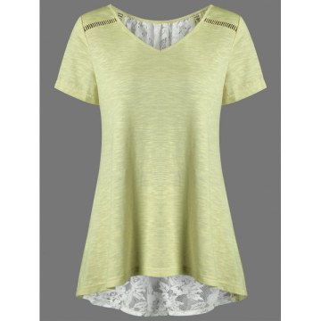 V Neck Floral High Low Hem Lace Back T-Shirt - Yellow