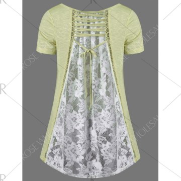 V Neck Floral High Low Hem Lace Back T-Shirt - Yellow