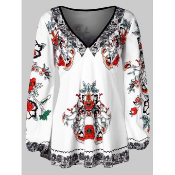 V Neck Floral Print Blouse - ilk White