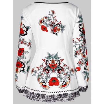 V Neck Floral Print Blouse - ilk White