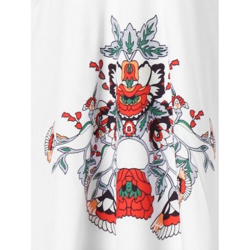 V Neck Floral Print Blouse - ilk White