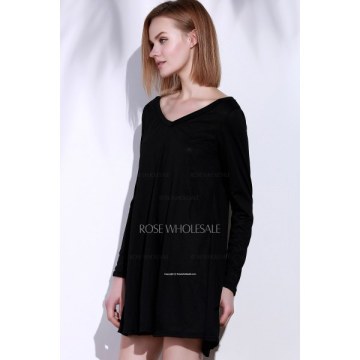 V-Neck Long leeve High Low Dress - Black