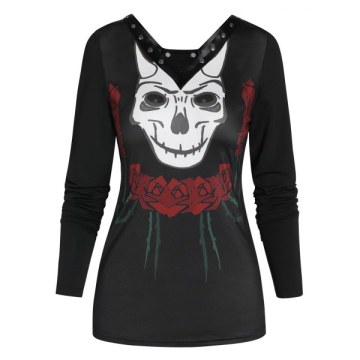 V Neck Long Sleeve Printed T Shirt - Black