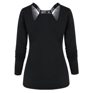 V Neck Long Sleeve Printed T Shirt - Black