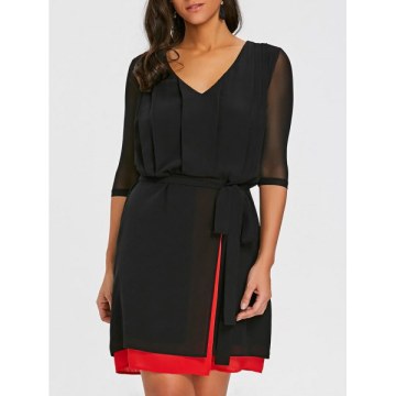 V Neck ini Chiffon Dress With Briefs - Black