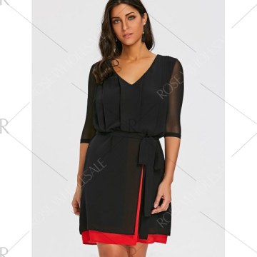 V Neck ini Chiffon Dress With Briefs - Black