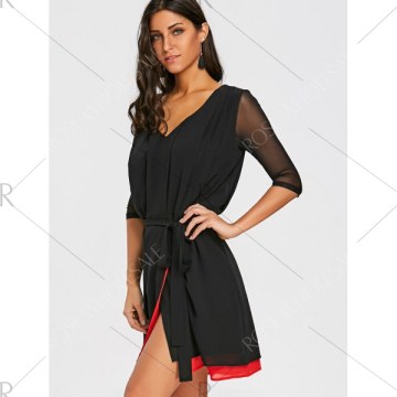 V Neck ini Chiffon Dress With Briefs - Black