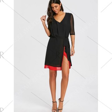 V Neck ini Chiffon Dress With Briefs - Black