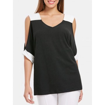 V Neck Open Cut Out Sleeve T-shirt - Black