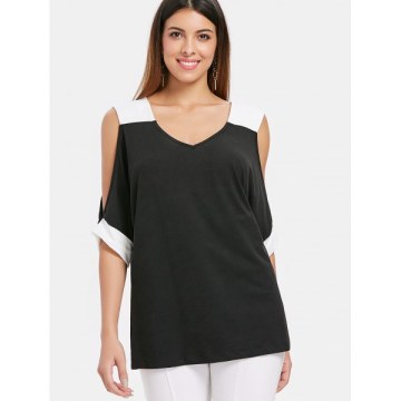 V Neck Open Cut Out Sleeve T-shirt - Black