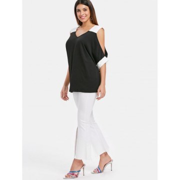 V Neck Open Cut Out Sleeve T-shirt - Black