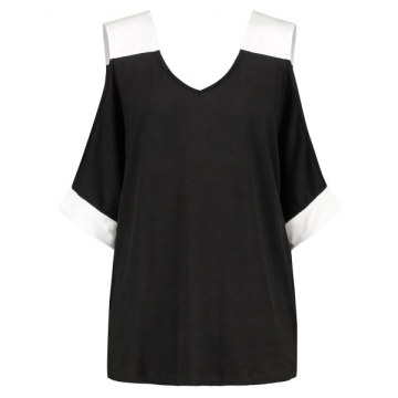 V Neck Open Cut Out Sleeve T-shirt - Black