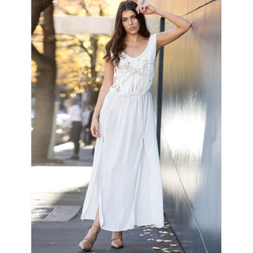 V-Neck Sleeveless Lace Furcal Long Cover-Up Dress - White One Size(fit Size Xs To