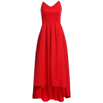 V Neck Strapless Prom Maxi Dress - Red