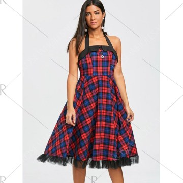 Vintage Plaid Halter Flare Dress -