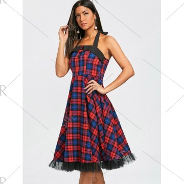Vintage Plaid Halter Flare Dress -
