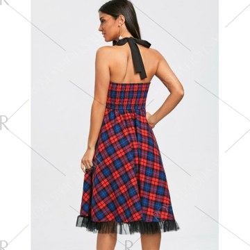 Vintage Plaid Halter Flare Dress -