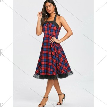 Vintage Plaid Halter Flare Dress -