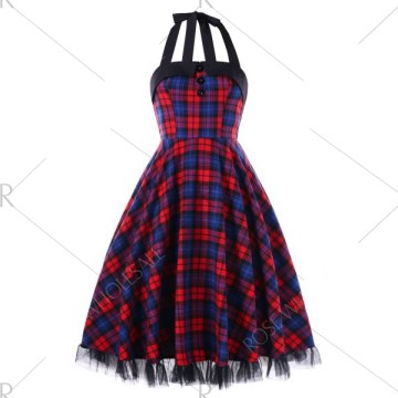 Vintage Plaid Halter Flare Dress -