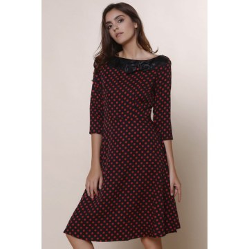 Vintage Polka Dot Print lash Neck Bowknot Design 3/4 leeve Dress For Women - Wine Red