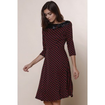 Vintage Polka Dot Print lash Neck Bowknot Design 3/4 leeve Dress For Women - Wine Red