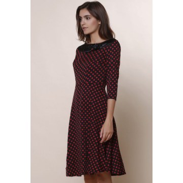 Vintage Polka Dot Print lash Neck Bowknot Design 3/4 leeve Dress For Women - Wine Red