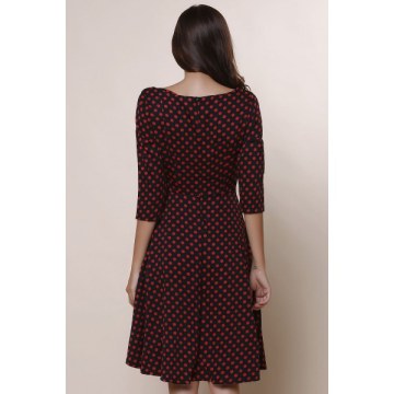 Vintage Polka Dot Print lash Neck Bowknot Design 3/4 leeve Dress For Women - Wine Red