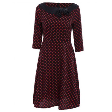 Vintage Polka Dot Print lash Neck Bowknot Design 3/4 leeve Dress For Women - Wine Red