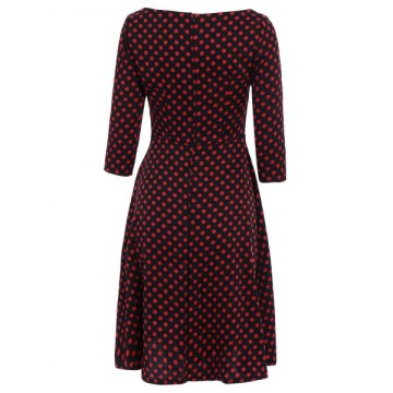 Vintage Polka Dot Print lash Neck Bowknot Design 3/4 leeve Dress For Women - Wine Red