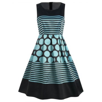 Vintage Polka Dot Stripe Flare Dress -