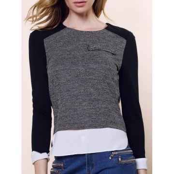 Vintage Round Collar Three Colors Matching ong Sleeves Womne's Blouse - Black And Grey