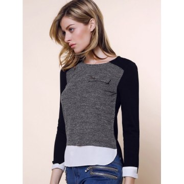 Vintage Round Collar Three Colors Matching ong Sleeves Womne's Blouse - Black And Grey