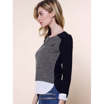 Vintage Round Collar Three Colors Matching ong Sleeves Womne's Blouse - Black And Grey