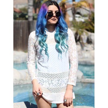 Vintage Round Neck Long Sleeve Spliced Furcal Women's Blouse - White