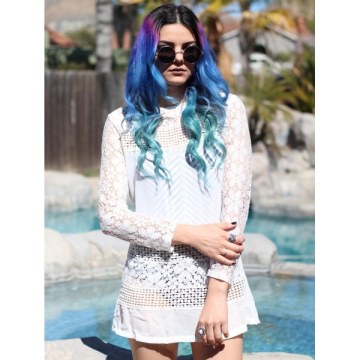 Vintage Round Neck Long Sleeve Spliced Furcal Women's Blouse - White