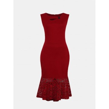 Women Irregular Necklines And Sleeveless Lace Slim Dress - Lava Red