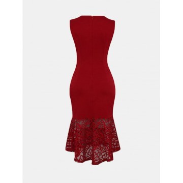 Women Irregular Necklines And Sleeveless Lace Slim Dress - Lava Red