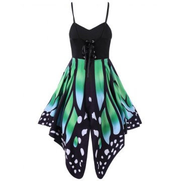 Women\'s Butterfly Shape Print   Summer Strapy Lace Up Back Skater Dress  A-Line dress - Algae Green