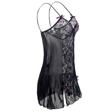 Women exy houlder trap Bowknot Plus ize Babydoll Lingeries leepdress - Black