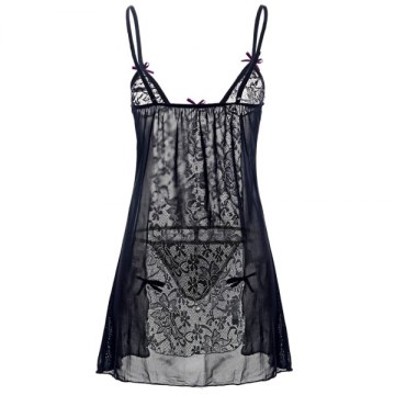 Women exy houlder trap Bowknot Plus ize Babydoll Lingeries leepdress - Black