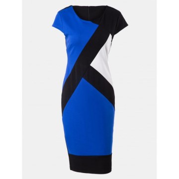 Women V-neck Long Sleeve Color Matching Mid Dress - Blue