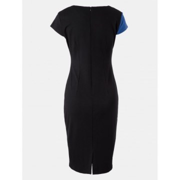 Women V-neck Long Sleeve Color Matching Mid Dress - Blue