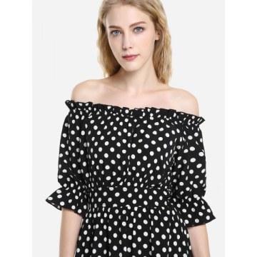 ZAN.STYLE Elasticized Waistband Off the Shoulder Dress - Black And White