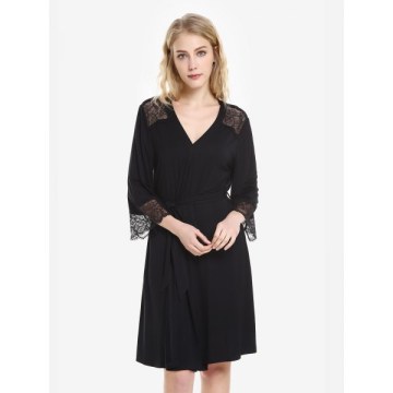 ZAN.STYLE Front Open Nightgown Belt Sleepwear - Black