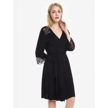 ZAN.STYLE Front Open Nightgown Belt Sleepwear - Black