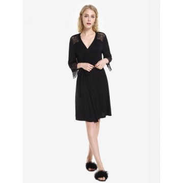 ZAN.STYLE Front Open Nightgown Belt Sleepwear - Black