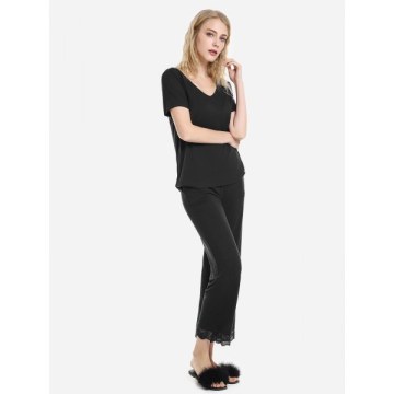 ZAN.STYLE V Neck Sleepwear Short Sleeve Pajama Set - Black