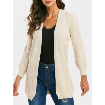 Zigzag Knit Open Front Longline Cardigan - Light Khaki One