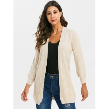 Zigzag Knit Open Front Longline Cardigan - Light Khaki One