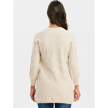 Zigzag Knit Open Front Longline Cardigan - Light Khaki One